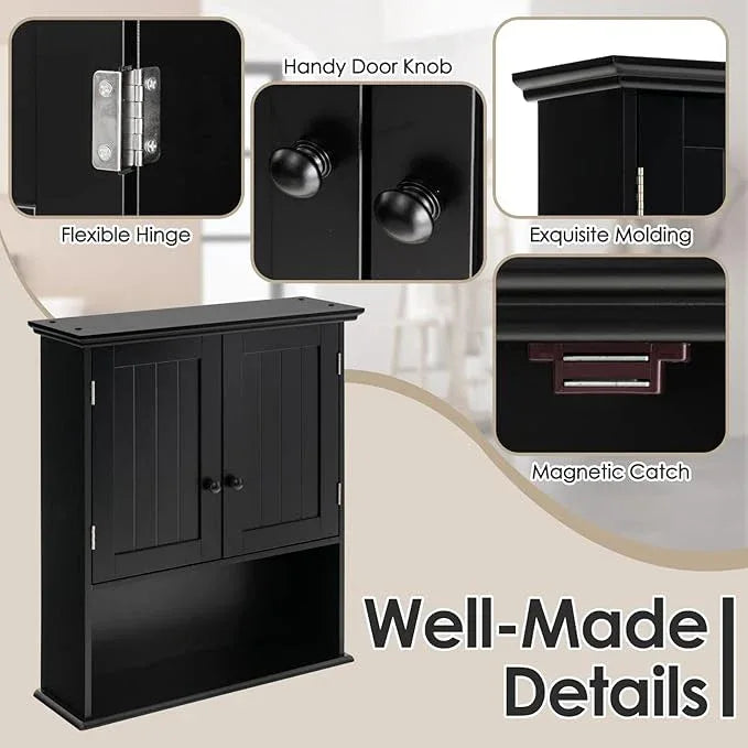 Tangkula Wall Mount Bathroom Cabinet Wooden Medicine Cabinet Storage Organizer with 2-Doors and 1-Shelf Cottage Collection Wall Cabinet (Black) - ModernBath