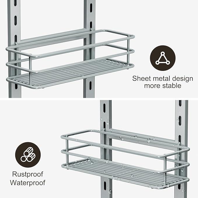 Orimade Adjustable Anti-slip Shower Caddy Overhead, Rustproof Hanging Shower Organizer With 2 Razor Hooks - No Drilling, 3-Tier Shelves, Silver Grey - ModernBath