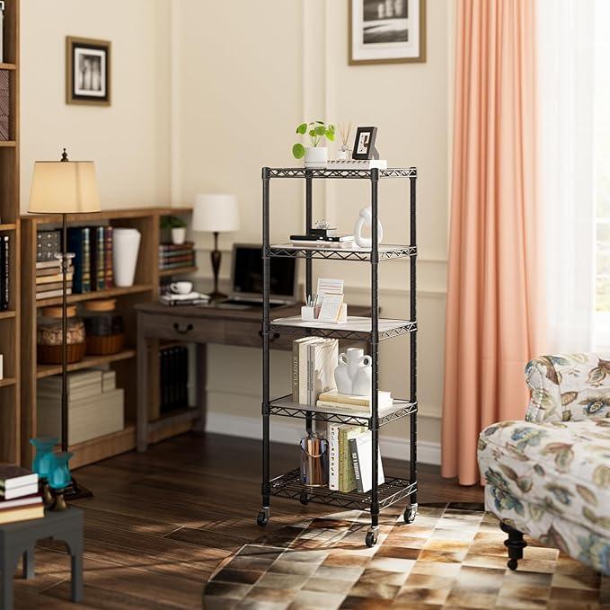 Small 5 Tier Shelves Storage Wire Shelving Unit Metal Shelf Adjustable Organizers Storage Shelving with Wheels for Bathroom Laundry Room Kitchen Pantry12”D x 18”W x 57.2”H Black - ModernBath