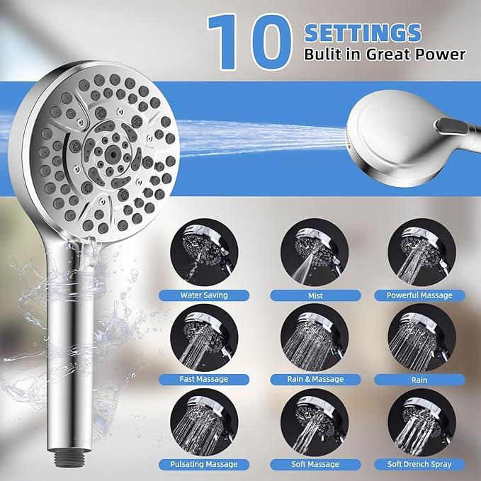 All Metal Shower Head, 8" High Pressure Rainfall/Handheld Shower Combo with 11" Extension Arm, 10-Spray Handheld Showerhead, 71" Long Hose, 3-Way Diverter Valve, Chrome - ModernBath