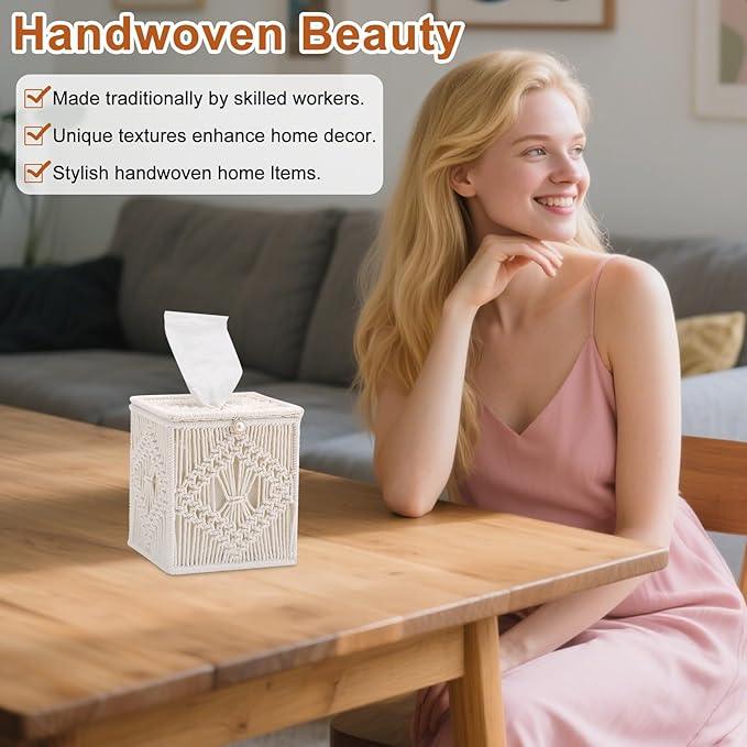 Macrame Tissue Box Cover, 2 Pack Square Boho Decor Tissue Holder, Handmade Woven Cotton Rope Organizer with Open Bottom for Bedroom, Bathroom, Living Room, Office - Ivory - ModernBath