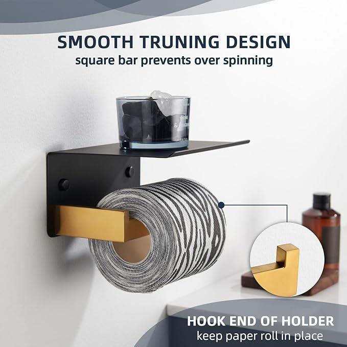 Angle Simple Toilet Paper Holder with Shelf, 304 Stainless Steel Bathroom Tissue Roll Holder for Wall Black and Gold - ModernBath