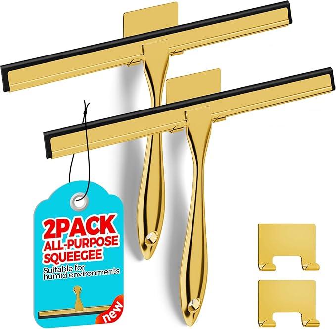 ALFLOD 2PACK 12-Inch Golden All-Purpose Shower Squeegee for Shower Doors, Bath Linen Sets, Tile Shower Walls, Bathroom, Window, Glass and Car Windshield, Mirrors and Kitchen-Stainless Steel - ModernBath