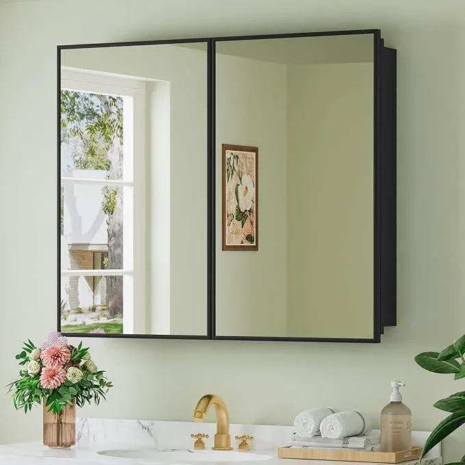 Buruis 36" x 30" Framed Medicine Cabinet with Mirror, Recessed or Wall Mounted Bathroom Cabinet, Adjustable Tempered Glass Shelves, Left/Right Open Reversible, No Assembly Required, Black - ModernBath