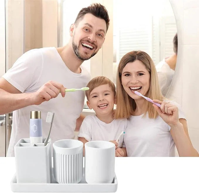 Resin Bathroom Toothbrush Cups Set with Holder and Tray, 4 Pcs Matte White Bathroom Accessories Set Counter Organizer for Sink Home Decor - ModernBath