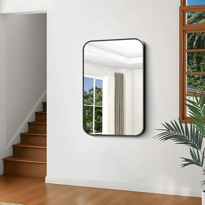 CIVENO Black Bathroom Mirror, 28x42 inch Aluminum Metal Frame Rectangular Vanity Mirror, Wall Mounted Rectangle Mirrors with Rounded Corner for Bedroom Living Room Hangs Horizontal Or Vertical - ModernBath