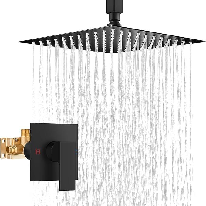 Airuida Shower Faucet Set and Handle Set Single Function Shower Trim Kit Ceiling Mount Rainfall Shower System with Male Threads and Rough-in Valve 12 Inch Square Shower Head Matte Black - ModernBath