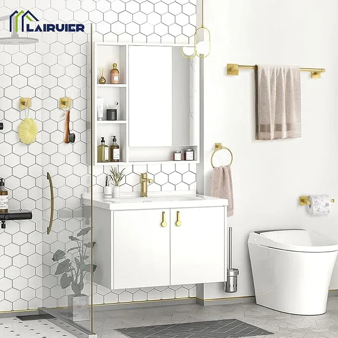 Lairuier 5-Piece Brushed Gold Bathroom Hardware Set, Bathroom Accessories Set with Towel Bar, Toilet Paper Holder and 2 Towel Hooks SUS304 Stainless Steel Towel Bar Set Wall Mounted - ModernBath