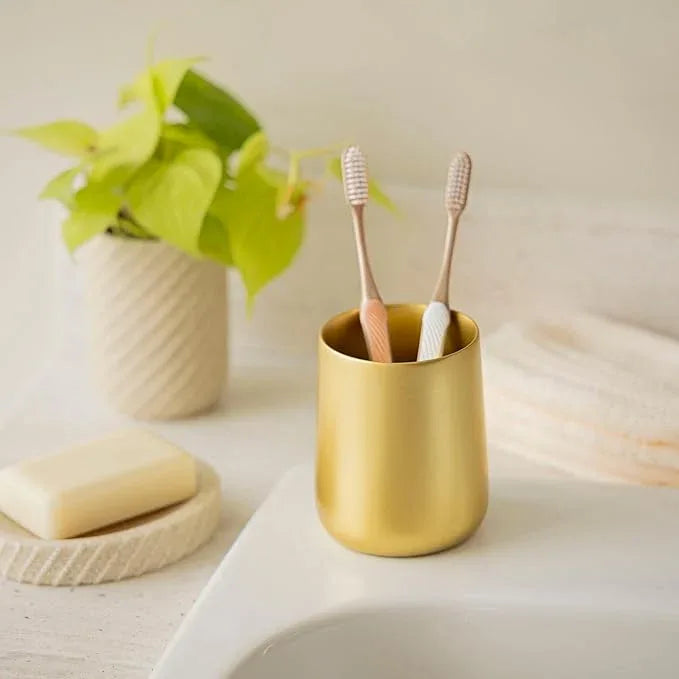 Yew Design Gold Toothbrush and Toothpaste Holder and Cup for Bathroom Vanity and Countertop, Round Organizer for Electric Toothbrushes, Floss, Razors, Cotton, and Mouthwash - ModernBath