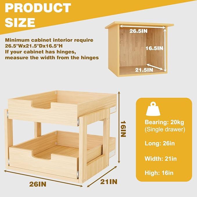 Pull Out Cabinet Organizer, 26''W×21''D×16''H Soft Close Slide Out Wooden Pull out Drawers, Double Tier Slide out Wood Cabinet Organizer, for Base Cabinet Organization in Kitchen, Pantry, Bathroom - ModernBath