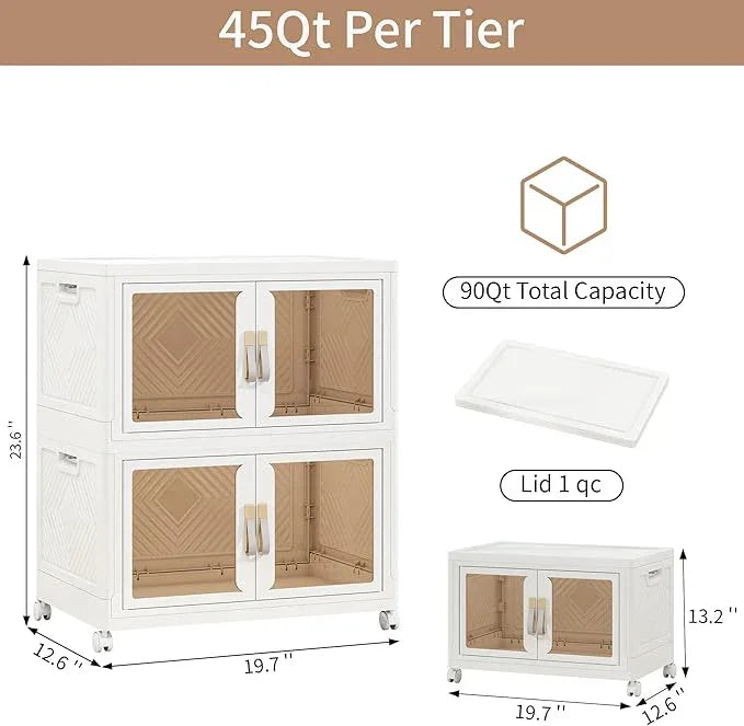 Large Clear Stackable Storage Bins with 2 Lids, 270QT-45QT*6Tier Foldable Cabinet for Closet Organizers, Plastic Storage Box with Wheels White - ModernBath