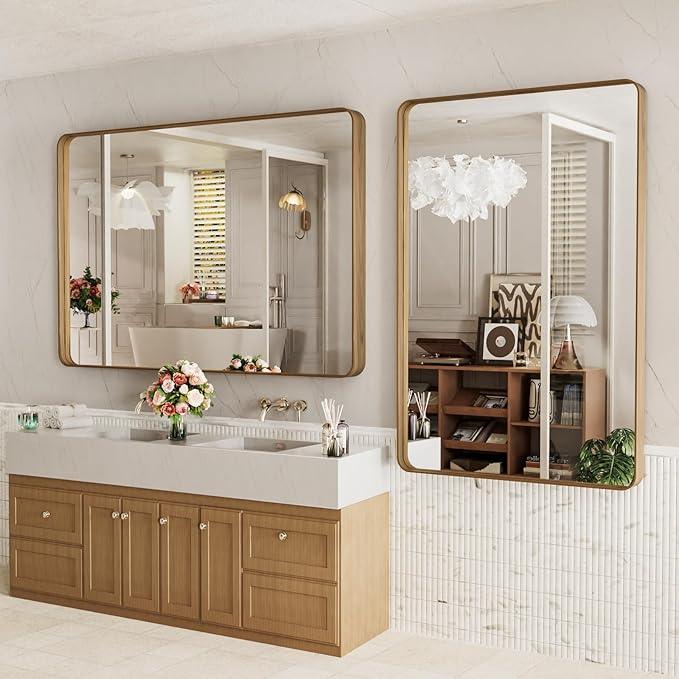 LOAAO 50X30 Inch Bathroom Mirror with Wood Grain Colored Metal Frame, Rounded Rectangle Metal Framed Bathroom Mirror, Anti-Rust, Hangs Horizontally or Vertically, Tempered Glass - ModernBath