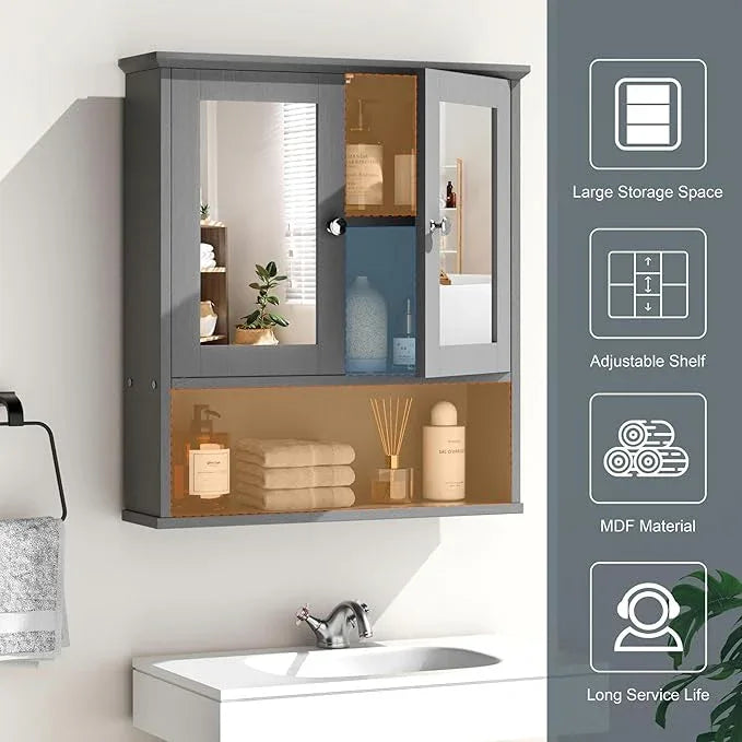 SUNLEI Bathroom Cabinet with Mirror, Wall Cabinet with 2 Mirrored Doors & Open Compartment Bathroom Cabinet Wall Mounted with Mirror Door (Ivory Grey) - ModernBath
