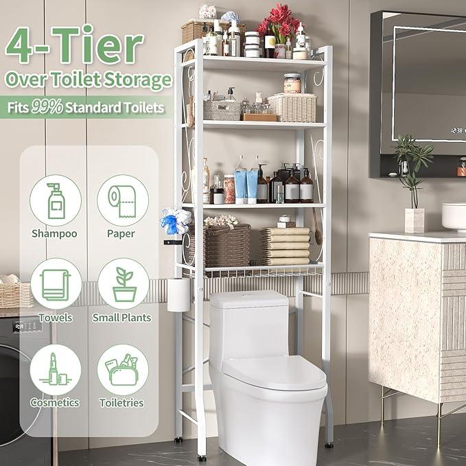 Over-The-Toilet Storage Rack 4-Tier,Bathroom Organizer Shelf Over Toilet,Adjustable Wooden Shelves and Basket,Freestanding Above Toilet Shelve,Space Saver for Rooms(White Rack-White Shelves) - ModernBath