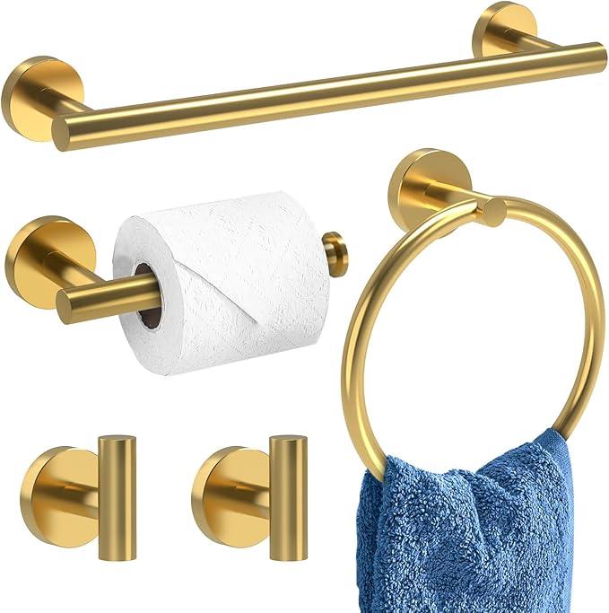 Brushed Gold Bathroom Accessories, Bathroom Hardware Set, SUS304 Stainless Steel Bathroom Towel Holder Set, 16 Inch Towel Bar Set 5 Pcs, 2 Towel Hooks, Toilet Paper Holder, Towel Ring - ModernBath