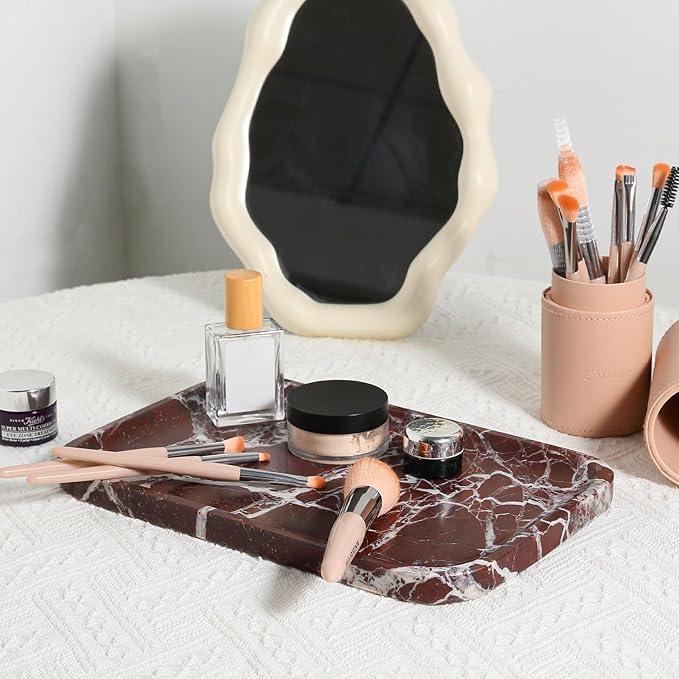 Marble Vanity Tray, 11.8in Stone Bathroom Tray for Countertop, Red Decorative Tray for Dresser Organizer, Luxury Serving Tray for Kitchen, Storage Dish for Kitchen Sink, Perfume, Jewelry Holder - ModernBath