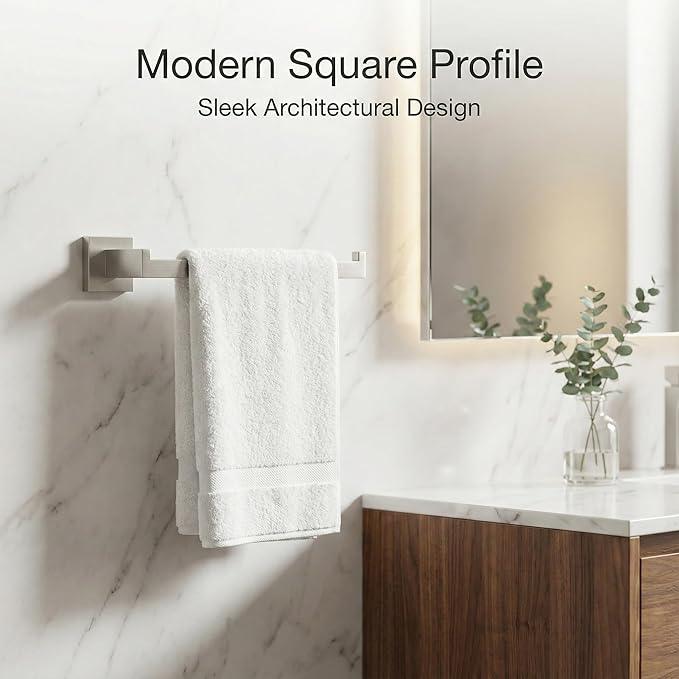 5 Piece Bathroom Hardware Set Brushed Nickel, SUS304 Stainless Steel Towel Bar Set, Modern Square Accessories with 16 Inch Rack Toilet Paper Holder Robe Hooks (Brushed Nickel) - ModernBath