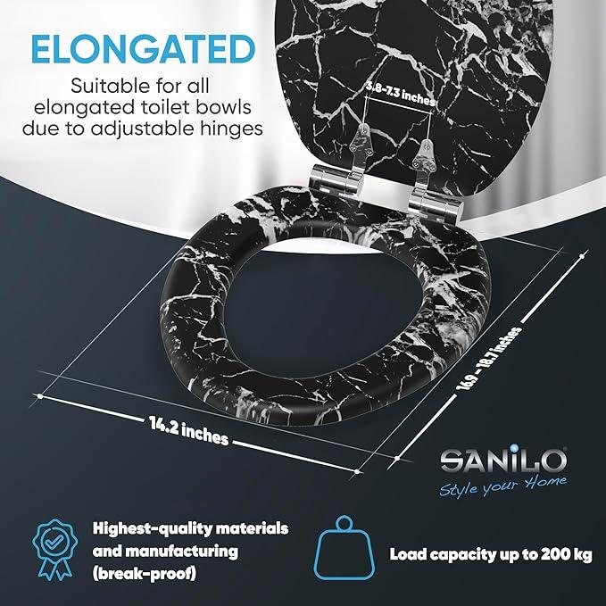 SANILO Wooden Toilet Seat with Soft Close [ELONGATED] - Decorative, Quiet & Slow Close Molded Wood Seat - With Strong Bumpers & Hinges - Adjustable Fit - Marble Black - ModernBath