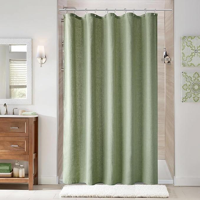 Naturoom 54 Inch Shower Curtain - Stall Narrow Half Green Linen Ultra Thick Fabric Shower Curtain Set with Hooks, Boho Farmhouse Rustic RV Camper Bath Curtains for Bathroom, Sage Green, 54 x 78 - ModernBath