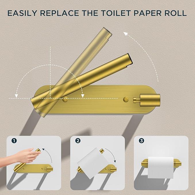 FORIOUS Toilet Paper Holder, Adhesive or Screw Wall Mount Pivoting Tissue Roll Holder for Bathroom, Stainless Steel Rustproof Self Adhesive Toilet Paper Roll Dispenser no Drilling, Brushed Gold - ModernBath