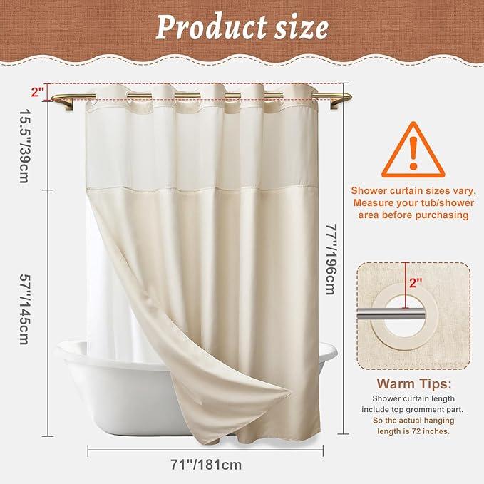 WONICY No Hooks Luxury Shower Curtain Set with Snap-in Liner, Polyester Textured with See-Through Top Window, Waterproof & Washable Hotel Style for Bathroom, 71W x 77H, Cream - ModernBath