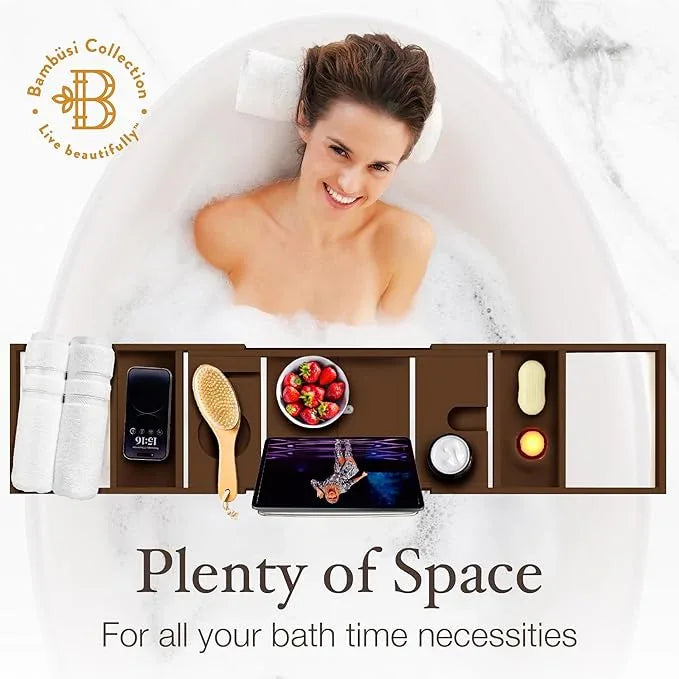 Wooden Bathtub Tray - Foldable & Expandable Bamboo Bath Tray for Tub with Wine Holder, Book & Tablet Stand - Bath Caddy Tray for Bathtub, Spa Bath Accessories, Tub Tray Table, (Brown) - ModernBath