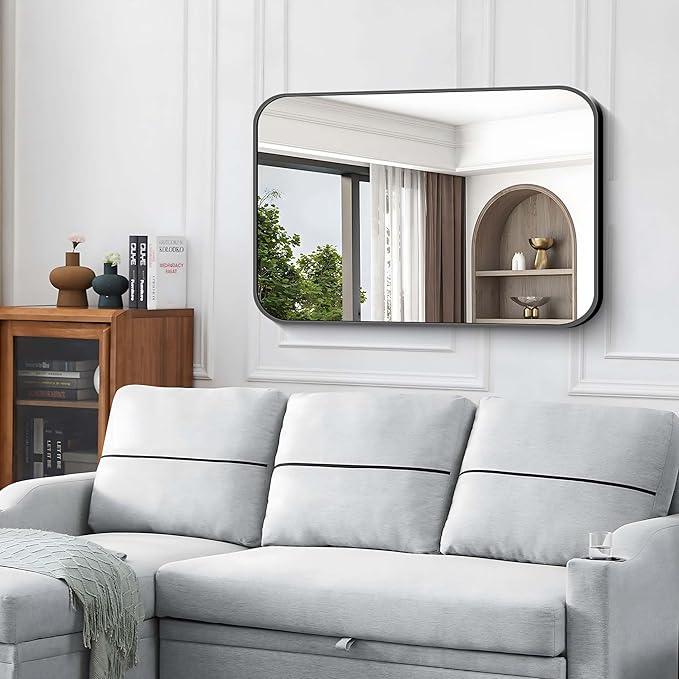 CIVENO Black Bathroom Mirror, 28x42 inch Aluminum Metal Frame Rectangular Vanity Mirror, Wall Mounted Rectangle Mirrors with Rounded Corner for Bedroom Living Room Hangs Horizontal Or Vertical - ModernBath