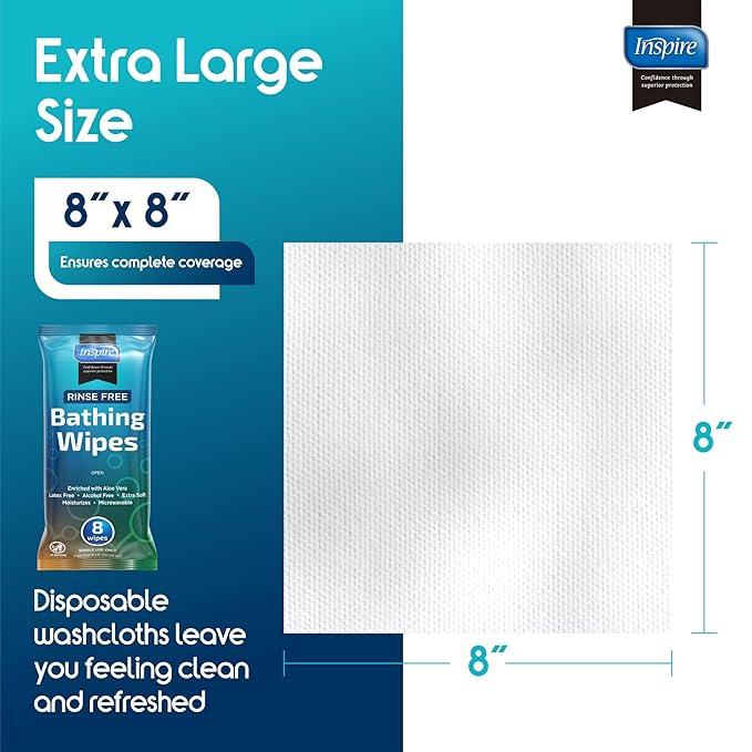 Body Wipes for adults bathing no rinse | Adult Wash Cloths Extra Large, Bathing Wipes for Incontinence, 8"x 8" In (192 count Bulk Pack) | By Inspire - ModernBath