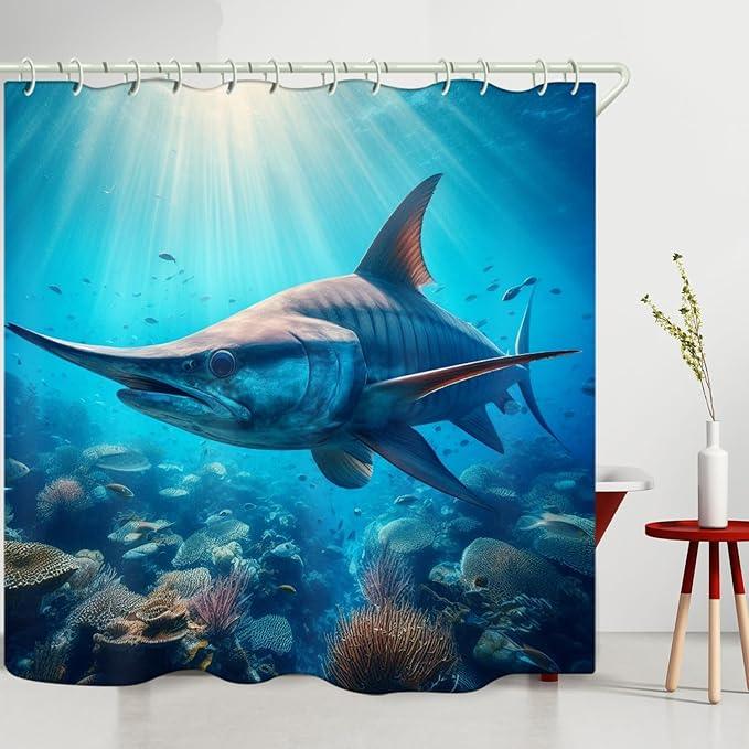 LYFANS Bathroom Using Undersea Swordfish 3D Shower Curtains, Luxury Bathtub Standard Shower Curtain, Waterproof and Bright Fabric Shower Curtain, Size (72x72 Inches) - ModernBath