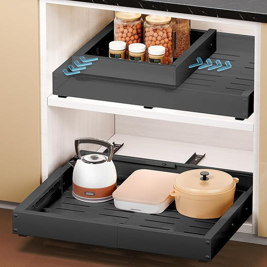 1 Pack Pull Out Drawers for Cabinets, Slide Out Drawer Expandable Width (12"-19") and Depth (17"-23") With 3 Slides, Fixed with Adhesive Film & Nail for Cabinets in Kitchen, Pantry or Bathroom - Black