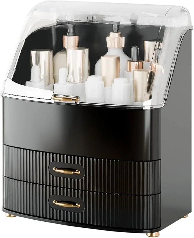 Plukers Makeup Organizer Countertop Vanity with Transparent Lid Drawers Waterproof Dustproof Cosmetic Skincare Bathroom Storage Gift for Women Teens Girls (Black) - ModernBath