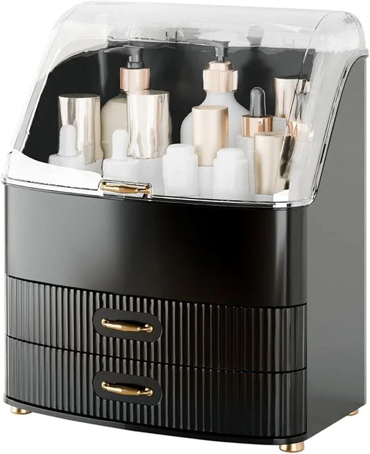Plukers Makeup Organizer Countertop Vanity with Transparent Lid Drawers Waterproof Dustproof Cosmetic Skincare Bathroom Storage Gift for Women Teens Girls (Black) - ModernBath