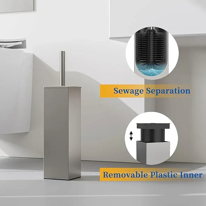 RUACQ Toilet Brush and Holder Set,Square Toilet Bowl Brush for Bathroom with 304 Stainless Steel Handle Toilet Cleaner Brush with Durable Scrubbing Bristles,Splash-Proof (Brushed Nickel) - ModernBath