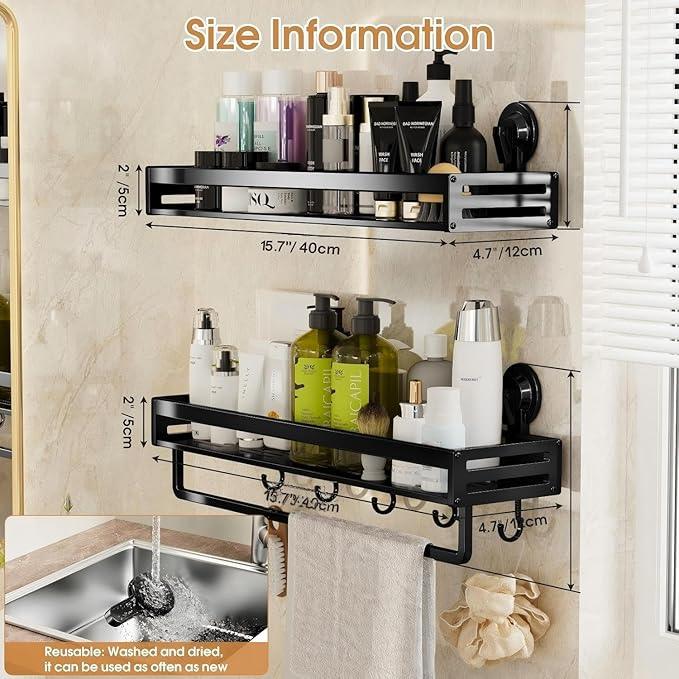 CIBOTIES Shower Caddy Suction Cup, 15.8 inch 2 Pack Suction Shower Shelf with Hooks NO-Drilling Bathroom Holder, Rustproof Bathroom Organizer, Black,Includes 2 Extra Suction Cups for Replacement Use - ModernBath