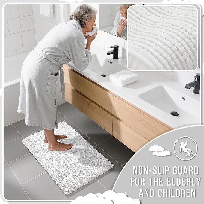 Yimobra Bathroom Runner Rug 55x24 Inch - Extra Long Non Slip Chenille Bath Mat, Soft & Absorbent, Machine Washable Shaggy Hallway Carpet for Vanity Tub Shower, White Home Decor Accessories - ModernBath