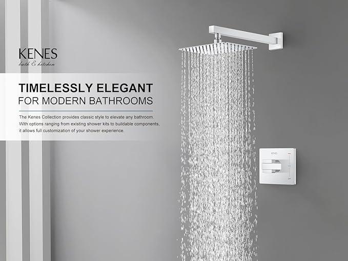 KENES Modern Polished Chrome 10-Inch Shower Head and Handle Set, Square Shower Faucet Set Bathroom Rainfall Shower System, KE-6024B-5 (Shower Valve Included) - ModernBath