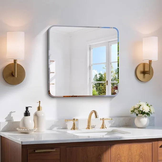 CILIBER Beveled Frameless Mirror, 18x18 Square Bathroom Mirror Rounded Corner, 18 inch Frameless Vanity Mirror, Shatterproof Lightweight Design Wall Mirror for Bedroom Living Room Entryway - ModernBath