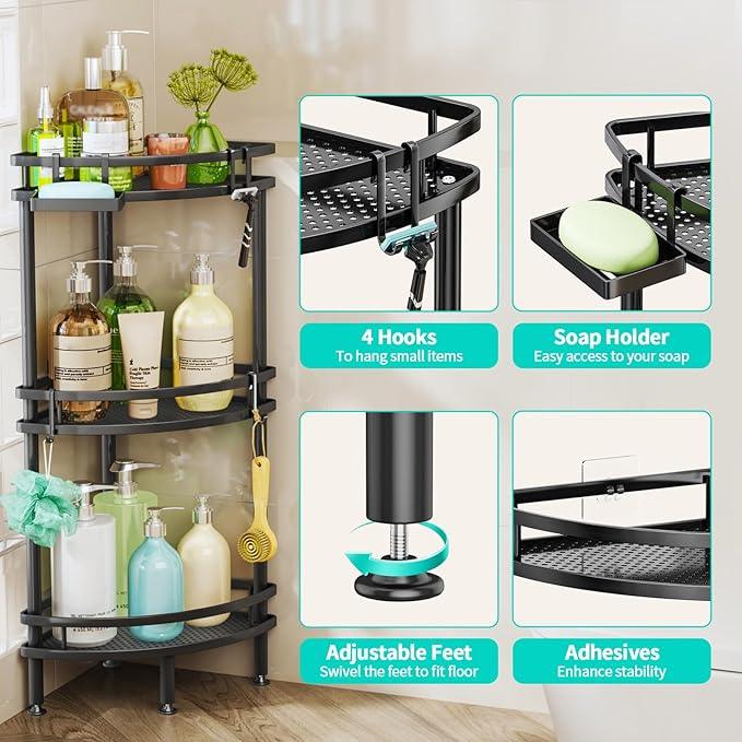 HapiRm Standing Corner Shower Caddy - 3 Tier Shower Organizer Corner with Soap Holder and 4 Hooks, Rustproof Bathroom Storage Shelves with Adhesives, Black - ModernBath