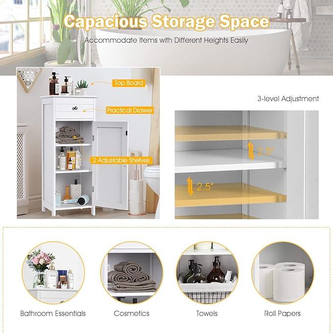 GOFLAME Bathroom Storage Cabinet, Freestanding Wooden Storage Cabinet with Large Drawer, 2 Float Shelves with 7 Positions, Bathroom Floor Cabinet Organizer for Living Room, White - ModernBath