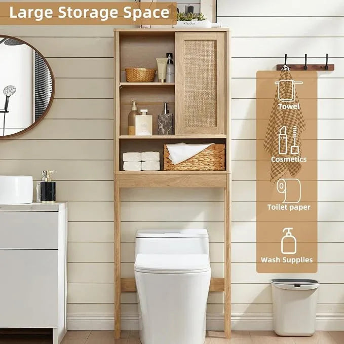 LEYAOYAO Over The Toilet Storage Cabinet with Rattan Sliding Door, 68" Tall Wood Above Toilet Bathroom Organizer w/Adjustable Shelf & Curved Profile, Space Saver Freestanding Washer Shelf, Natural - ModernBath
