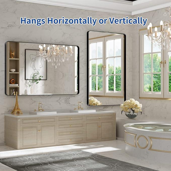 WEER 48X30 Inch Black Metal Framed Bathroom Mirror, Matte Black Bathroom Vanity Mirror, Rectangular Black Wall Mirror for Bathroom, Tempered Glass, Rounded Corner, Hangs Horizontal or Vertical - ModernBath