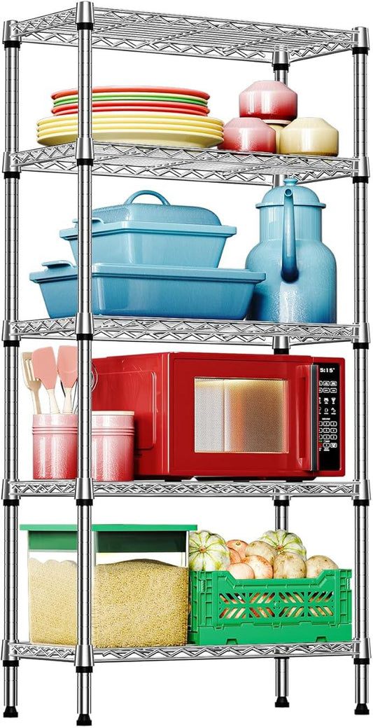 IZEUK 5-Tier Chrome Metal Storage Shelves, Heavy Duty Wire Shelving Unit for Kitchen, Office, Garage, or Home Organization, 1250 lbs Capacity, 13.8" D x 29.5" W x 59.5" H - ModernBath