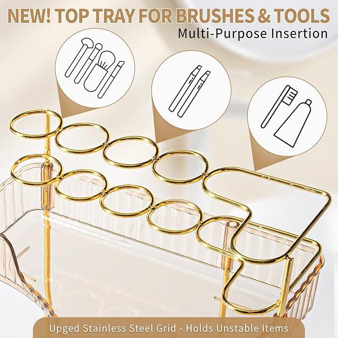 shuang qing Upgraded 3-Tier Corner Bathroom Countertop Organizer – Spacious Storage for Makeup, Skincare & Perfumes, Built-in Brush Holder Fits Vanity/Dresser/Bsthtub (Vintage Gold) - ModernBath