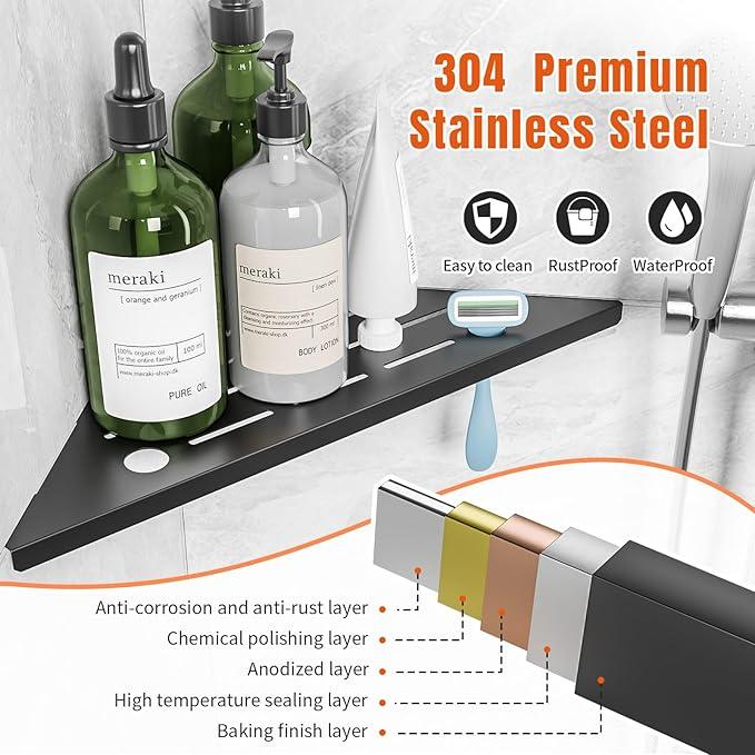 Corner Shower Shelf with Razor Hole, Modern Sturdy Shower Caddy, 10" 304 Stainless Steel Shower Organizers Bathroom Shelf for Tile Wall, No Drilling Grout Mount Shelf for Shower,Bathroom Accessories - ModernBath