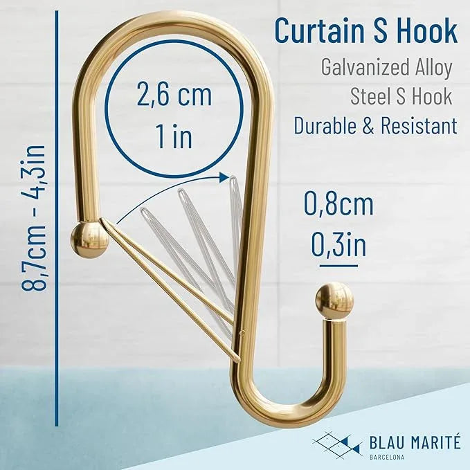 Blau Marité 12 Decorative Metal Shower Curtain Hooks, S-Shaped Hooks with Anti-Fall System, Rust-Proof Shower Rings with Safety Buckle, Fits Rods Up to 1-Inch Diameter (S, Gold) - ModernBath