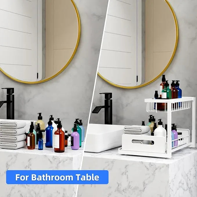 2-Tier Under Sink Slide Out Organizer, Pull Out Cabinet Storage Shelf with Sliding Wire Basket Drawer for Bathroom Kitchen, Countertop or Pantry Shelf, White - ModernBath