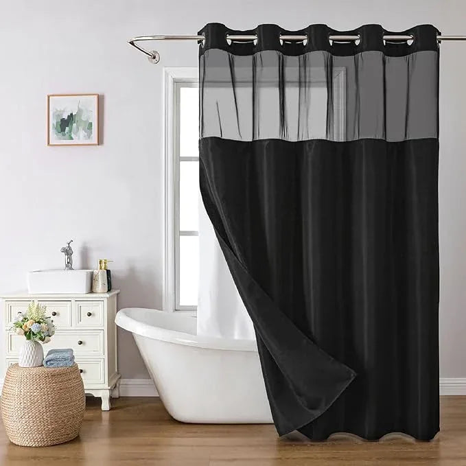 eachope Long No Hooks Needed Linen Textured Shower Curtain with Snap-in Fabric Liner Set,Black Hotel Luxury Decor Shower Curtains for Bathroom,Waterproof & Washable,71Wx80H - ModernBath