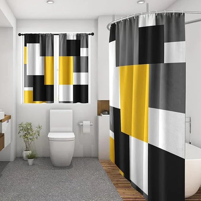 Culudea Geometric Yellow White Shower Curtain Set, Black and Gray Modern Bathroom Window Waterproof Shower Curtain Set for Bathroom Decor - ModernBath