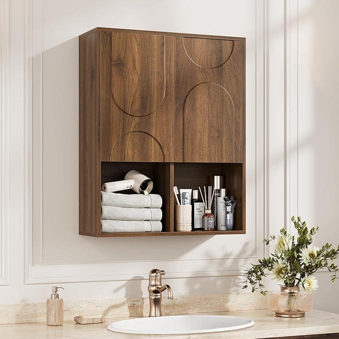 Bathroom Wall Cabinet, 24x30 Inch Small Over The Toilet Storage Cabinet, Walnut Space Saver Hanging Wall Mounted Medicine Cabinet Organizer with 2 Doors, Open Adjustable Shelf for Laundry Room Kitchen - ModernBath