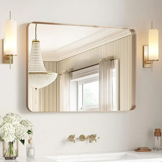 USHOWER Gold Bathroom Mirror 30"x40", Brushed Gold Rectangle Mirror for Over Sink, Rounded Corner, Aluminum Frame, Anti-Rust, Tempered Glass, Horizontal or Vertical Mounted - ModernBath